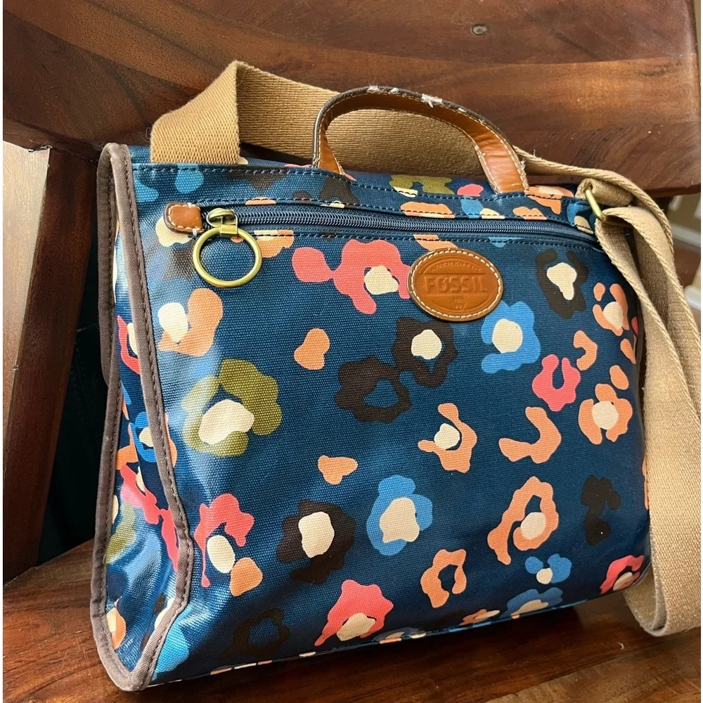 Fossil Navy Blue Floral Print Coated Canvas Crossbody Laptop Tote Bag